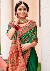 Dark Green Satin Silk Embroidery Saree-4425